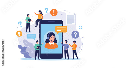 Customer service support concept with diverse people gathered around a large smartphone showing an agent.