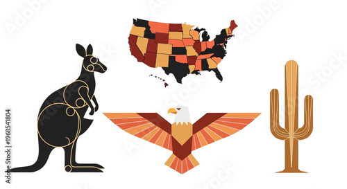 Set of Stylized Vector Icons Including USA Map, Bald Eagle, Kangaroo, and Saguaro Cactus; Geometric Travel and Wildlife Symbols for Design and Education