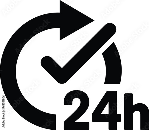 Twenty four hours clock service icon with check mark for support availability and day night opening.