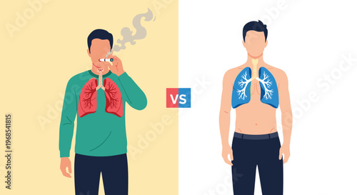 Health comparison between smoker's lungs and healthy lungs shown side by side with a vs symbol for awareness.
