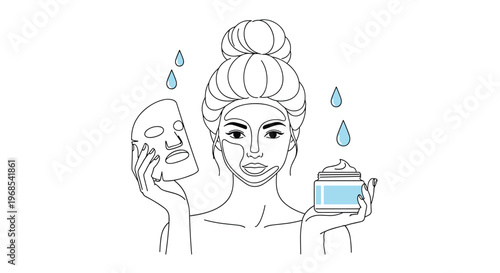 Woman demonstrating facial skincare with a sheet mask and cream jar for a beauty and wellness concept.