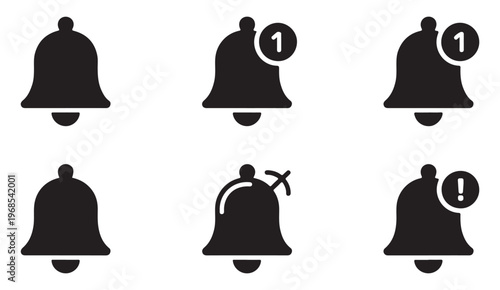 Set of six black notification bell icons depicting various alert and status indicators.