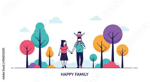 Happy family with a father carrying a child on his shoulders walking through a colorful park with stylized trees and clouds.