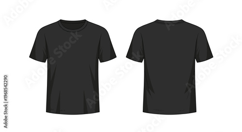 Two plain black t-shirts are illustrated showing both front and back views against a light gray background.
