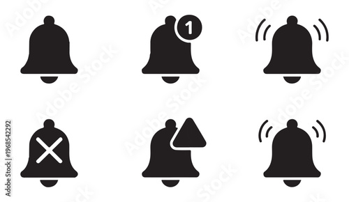 Six black notification bell icons demonstrating various alert states on white background.