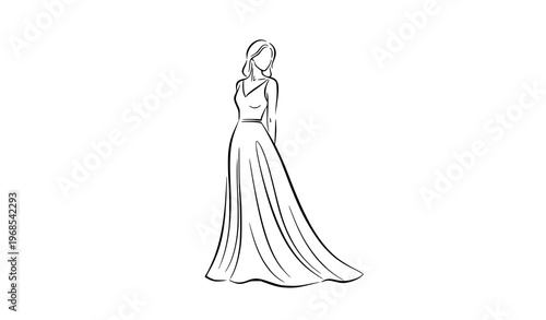 Minimal Elegant Woman Line Art – Long Dress Fashion Outline Vector Icon