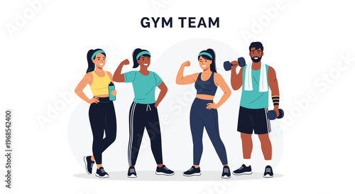 Group of diverse sporty people standing together in gym clothes with weights and water bottles under the text gym team.