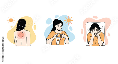 Set of illustrations showing a woman with a sunburn, applying sunscreen lotion, and suffering from a headache or heatstroke.