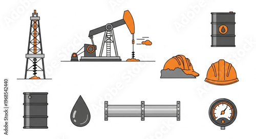 Oil Industry Elements - Pumpjack, Derrick, Barrels, Hard Hats, and More.
