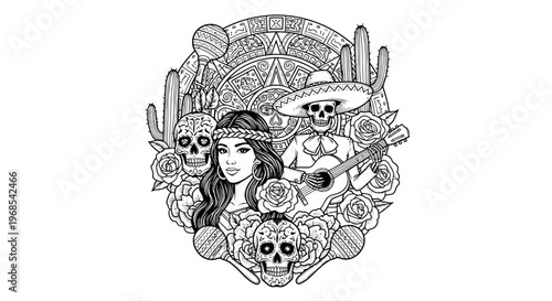 Day of the Dead Coloring Page for Adults featuring Sugar Skulls, Mariachi Skeleton, Mexican Woman, Aztec Calendar, Roses, and Cacti Illustration