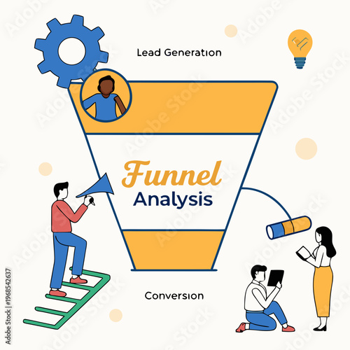 Funnel analysis with people and gear lead generation conversion megaphone