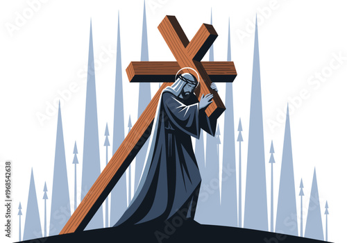 Jesus Christ Carrying the Cross Illustration - Stylized Religious Art for Good Friday, Easter, and Biblical Passion Themes