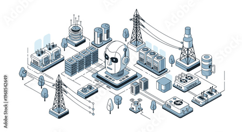 Futuristic isometric data center with a large robot head surrounded by servers, power lines, and cooling units representing ai technology.
