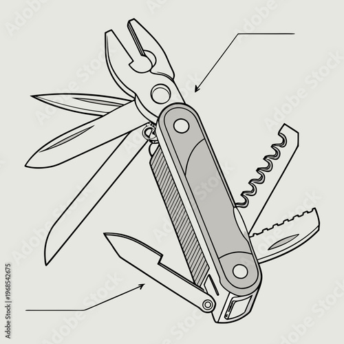 Multi-tool with various functions and blades pocket knife equipment gadget