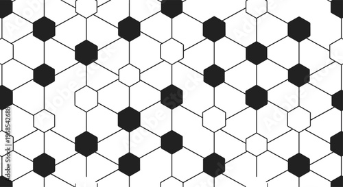 A seamless pattern of interconnected black and white hexagons linked by thin lines fills the entire frame against a white background.