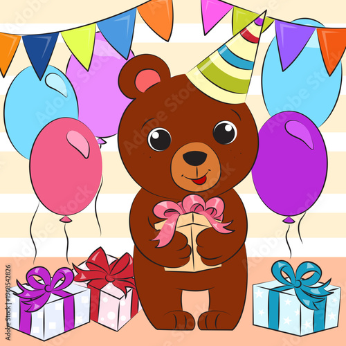 A brown bear wearing a party hat holding a gift