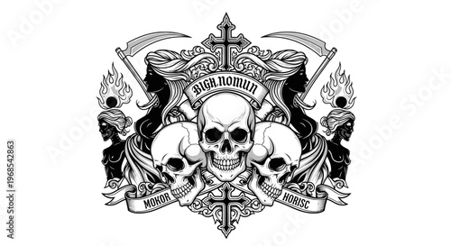 Gothic Skulls and Scythes Crest Illustration with Female Silhouettes, Occult Vintage Tattoo Design Vector Art