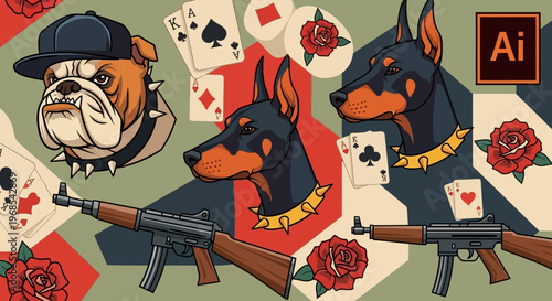 Gangster Street Art Vector Illustration with Bulldog, Doberman Dogs, Assault Rifles, Roses, and Playing Cards