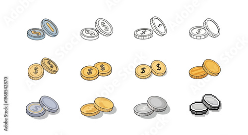 Set of 12 outline colored vector illustrations, two coins on a white background, money currency collection.