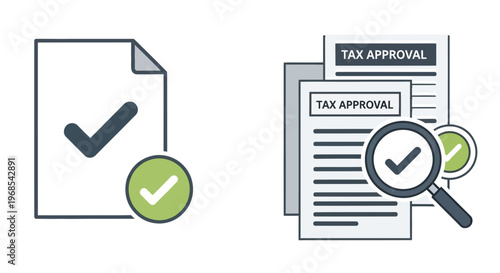 Tax documents with approval checks and a magnifying glass illustration
