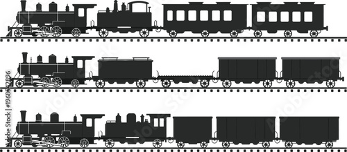 A collection of vintage steam train silhouettes including locomotives with passenger and freight wagons on tracks isolated on a white background for graphic design.