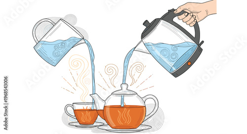 Artistic illustration of hot water being poured from two different kettles into a glass teapot and a tea cup with rising steam.