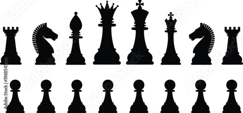 A complete collection of professional black chess piece silhouettes including king queen rook bishop knight and pawn icons isolated on a transparent white background.