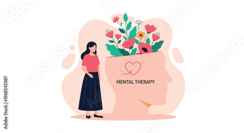 Conceptual illustration of a woman standing next to a large head silhouette filled with blooming flowers and the text mental therapy.