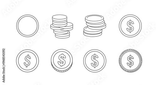Financial icons set line art various coin designs and stacks isolated on white background.