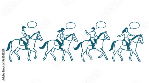 Illustration of diverse people riding horses in a line with speech bubbles for equestrian sport and outdoor leisure activity theme.