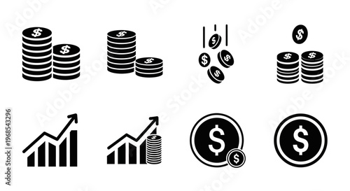 Money coins icon set simple design financial growth currency dollar stacks vector illustration.