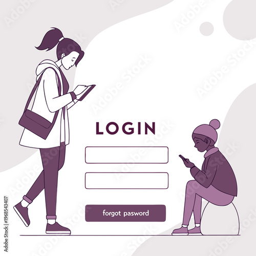 Two women using smartphones near a login screen with purple tones digital