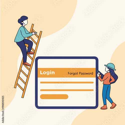 Two workers interacting with a large login screen and ladder digital technology