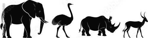 African wildlife silhouette collection featuring elephant ostrich rhinoceros and gazelle icons isolated on white background for safari animal conservation nature design and wildlife travel vector.