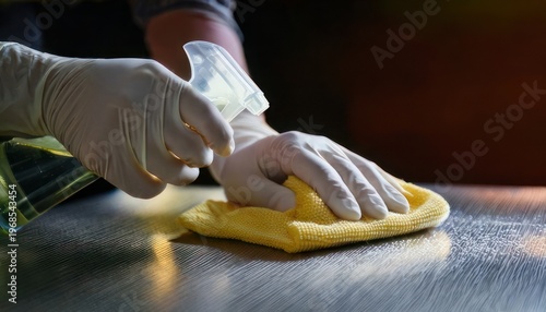 Sanitizing Surface - Cleaning with Spray and Cloth for Hygiene.