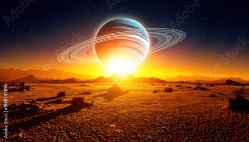 Saturn Rising - A Celestial Spectacle Over an Alien Landscape.