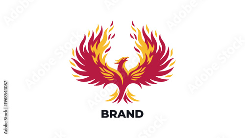 Vibrant fiery phoenix bird illustration, a symbol of rebirth, strength, and eternal renewal, perfect for brand identity or conceptual graphic design projects