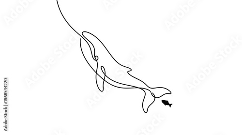 Minimalist Whale With Tiny Fish Following, Continuous Line Art Vector Illustration