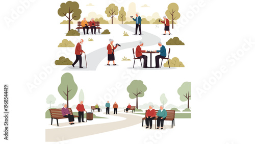 Active eldering people enjoying peaceful park lifestyle with walking, sitting, and social moments in a modern vector illustration scene.