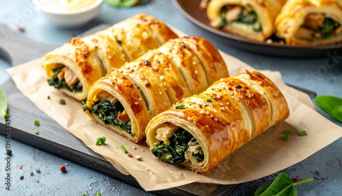 Savory Spinach and Chicken Puff Pastry Rolls - A Delicious Appetizer.