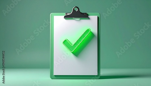 光るチェックマークとクリップボードのシンプルで柔らかな3D風イラスト