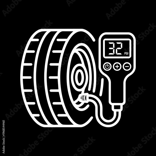 White Outline Modern Digital Tire Pressure Gauge and LCD Screen Vector Icon 