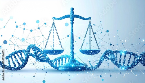 Scales of Justice with DNA strands representing genetic law.