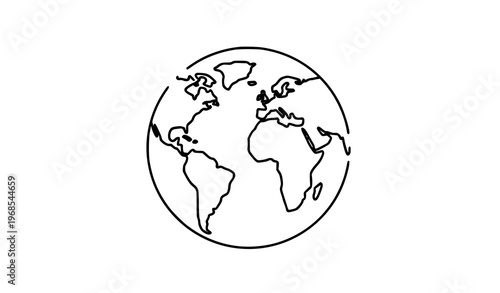 World globe outline vector icon simple earth line symbol with continents isolated on white background