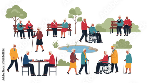 Active eldering people enjoying peaceful park lifestyle with walking, sitting, and social moments in a modern vector illustration scene.