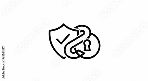 Stylized shield with checkmark, linked to a keyhole within a circle
