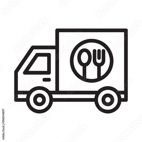 A simple black and white illustration of a food truck vehicle