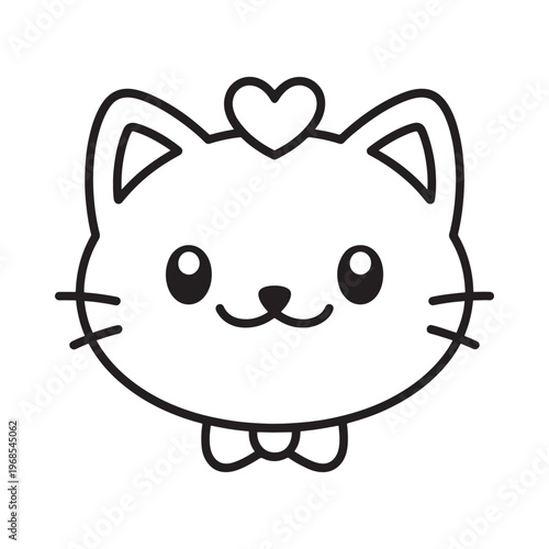 A charming black and white illustration of a cute cat with a heart