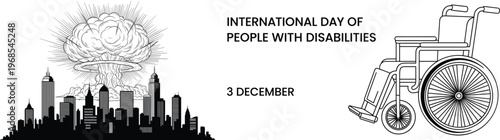 International Day of People with Disabilities Illustration – Wheelchair Accessibility Awareness with Dramatic City Explosion Concept