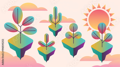 Stylized floating islands with plants and sun in gradient colors, trees, and clouds
